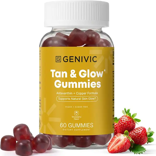Genivic Tan & Glow gummies bottle with strawberries